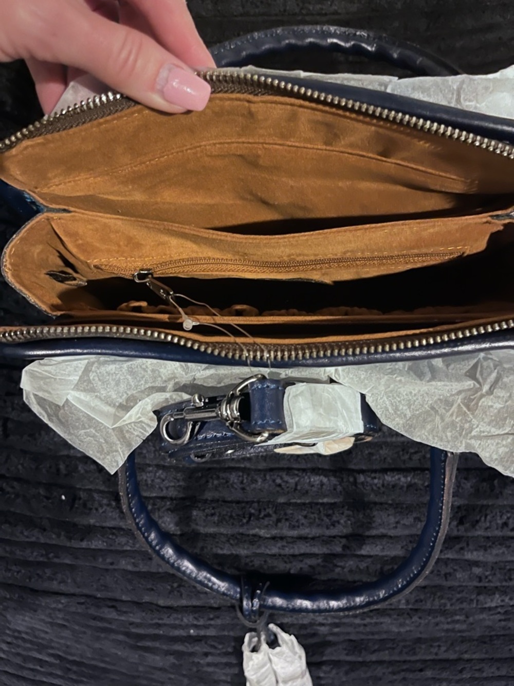 Blue Embossed Floral Leather Tote - Picture 5 of 11